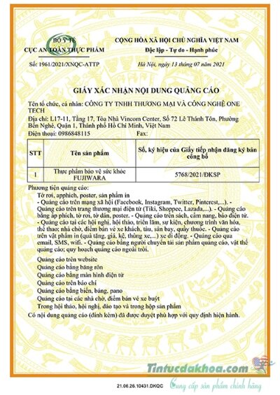 chứng nhận quảng cáo Fujiwara