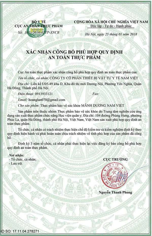 giấy công bố sản phẩm mãnh dương nam việt